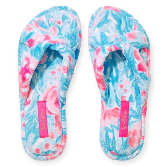 LILLY PULITZER Terry Slippers Printed Velour Bondi Blue My Little Peony NWT - Picture 9 of 9